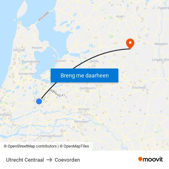 Utrecht Centraal to Coevorden map