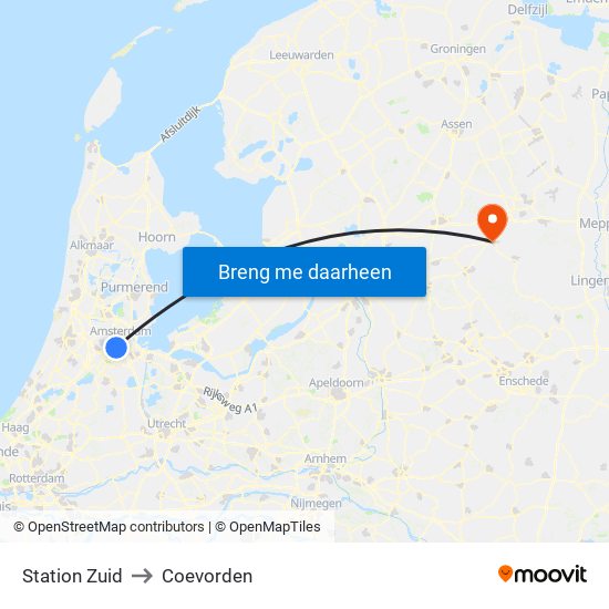 Station Zuid to Coevorden map
