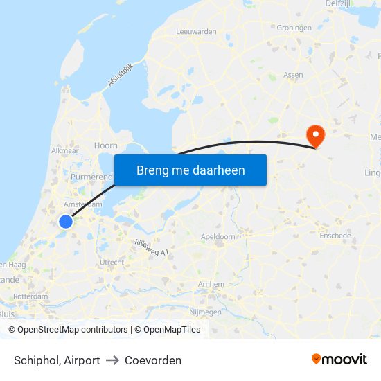 Schiphol, Airport to Coevorden map