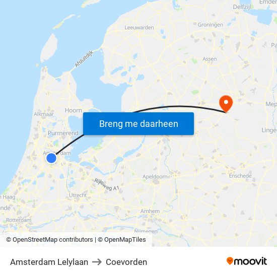 Amsterdam Lelylaan to Coevorden map