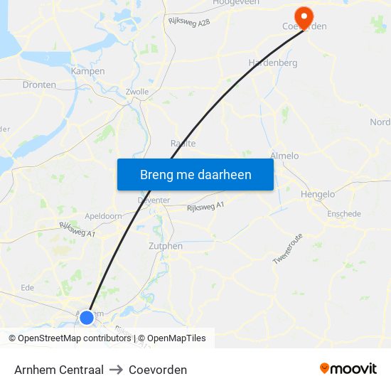 Arnhem Centraal to Coevorden map