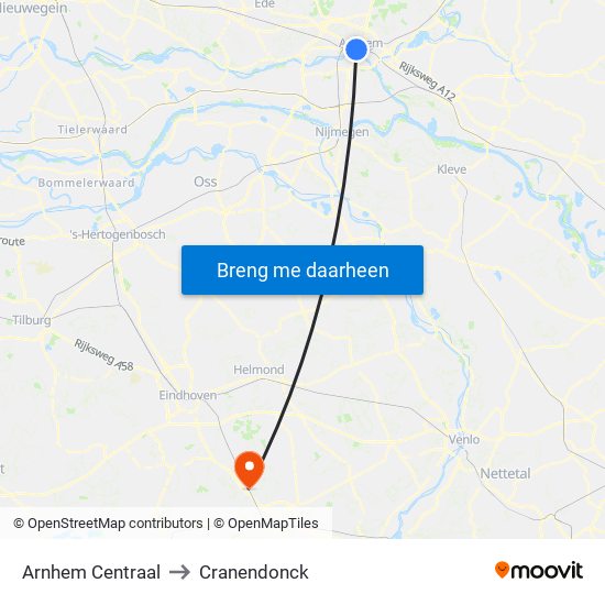Arnhem Centraal to Cranendonck map