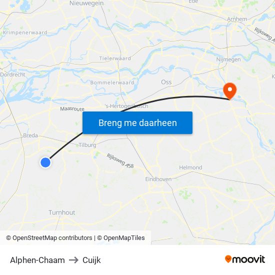 Alphen-Chaam to Cuijk map