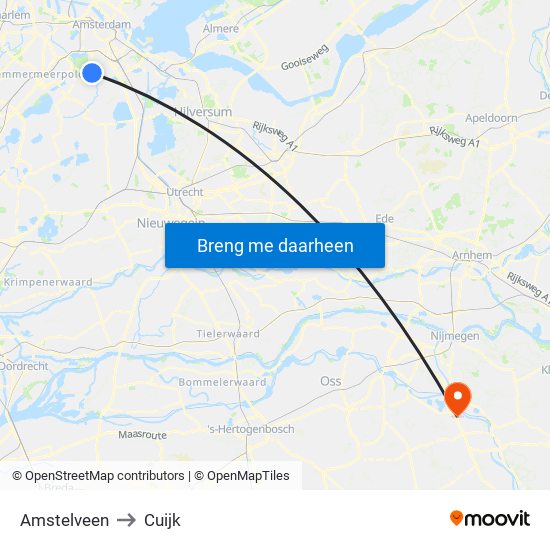 Amstelveen to Cuijk map