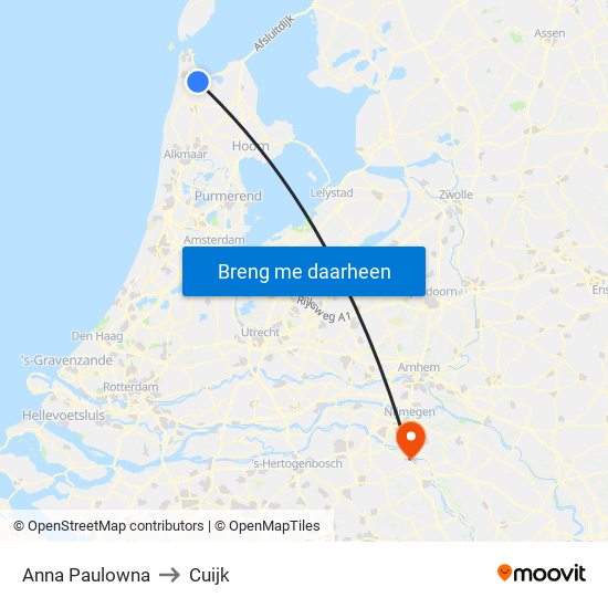 Anna Paulowna to Cuijk map