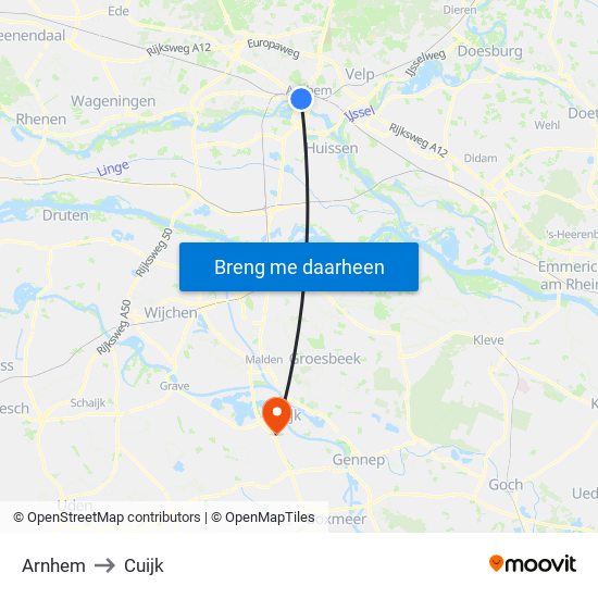 Arnhem to Cuijk map