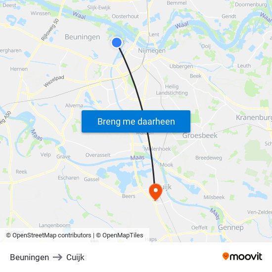 Beuningen to Cuijk map