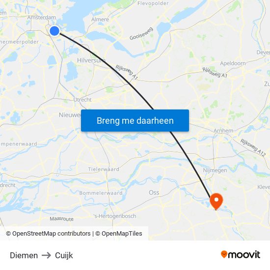 Diemen to Cuijk map