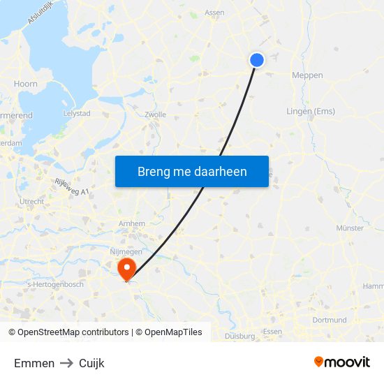 Emmen to Cuijk map