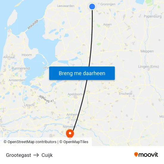 Grootegast to Cuijk map
