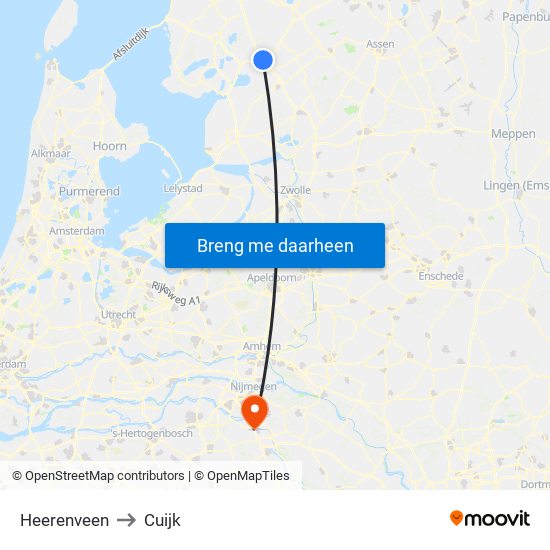 Heerenveen to Cuijk map