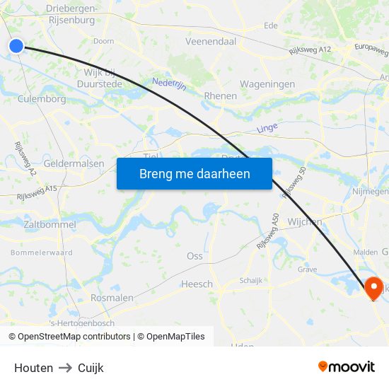 Houten to Cuijk map