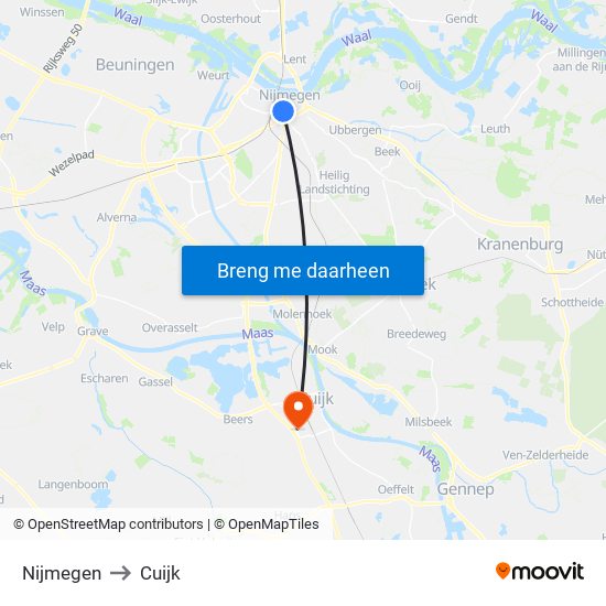Nijmegen to Cuijk map