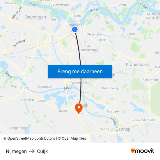 Nijmegen to Cuijk map