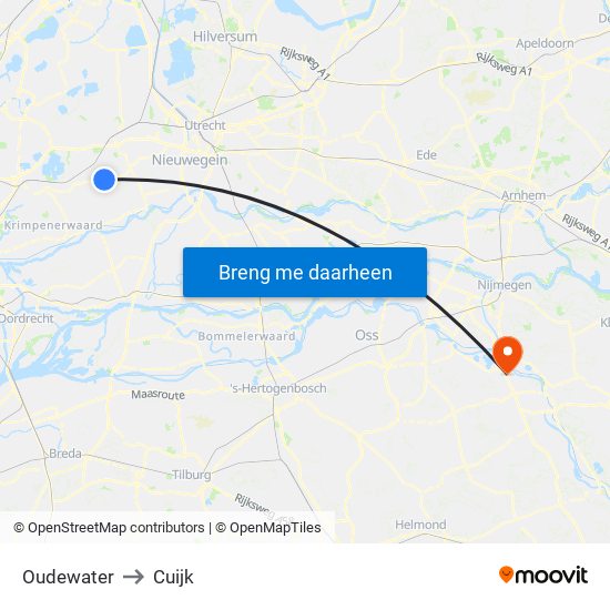 Oudewater to Cuijk map