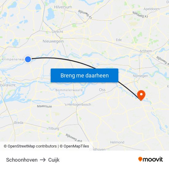 Schoonhoven to Cuijk map