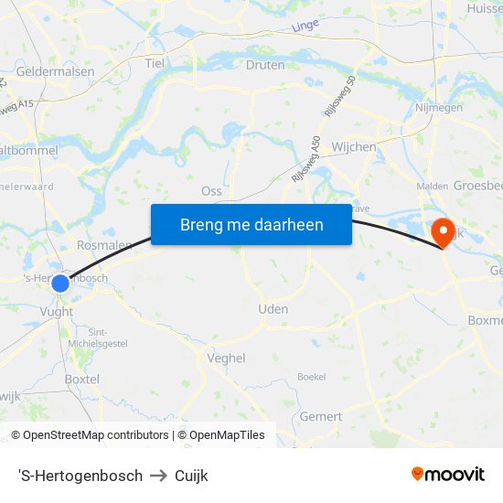 'S-Hertogenbosch to Cuijk map