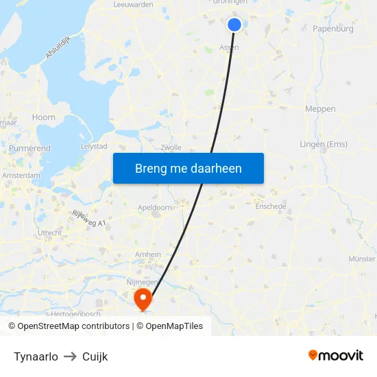 Tynaarlo to Cuijk map
