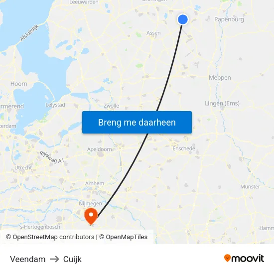 Veendam to Cuijk map