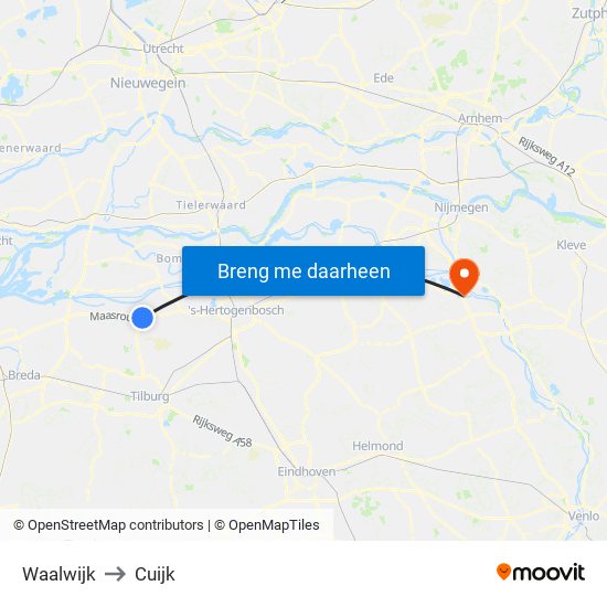 Waalwijk to Cuijk map