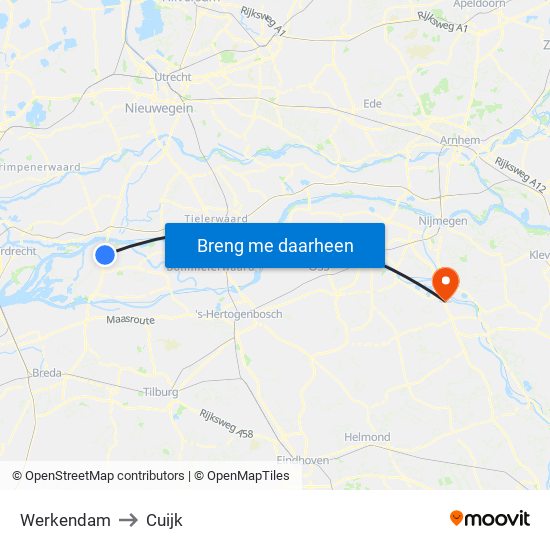 Werkendam to Cuijk map