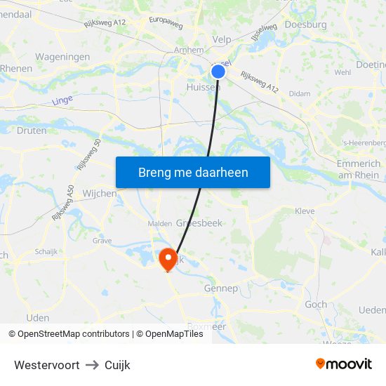 Westervoort to Cuijk map