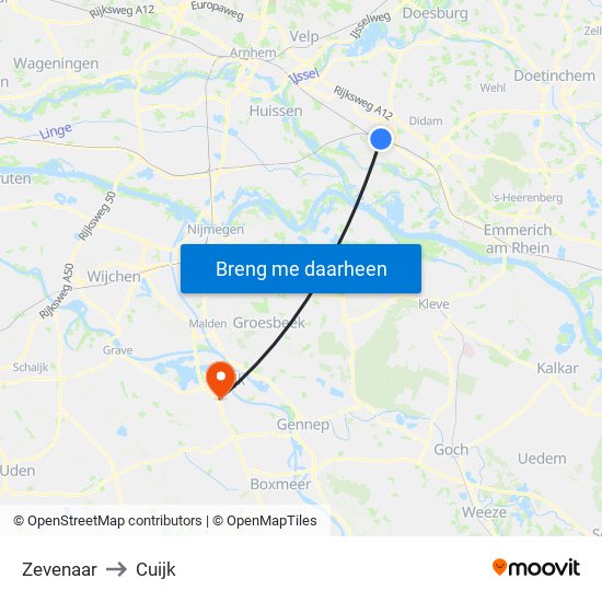 Zevenaar to Cuijk map