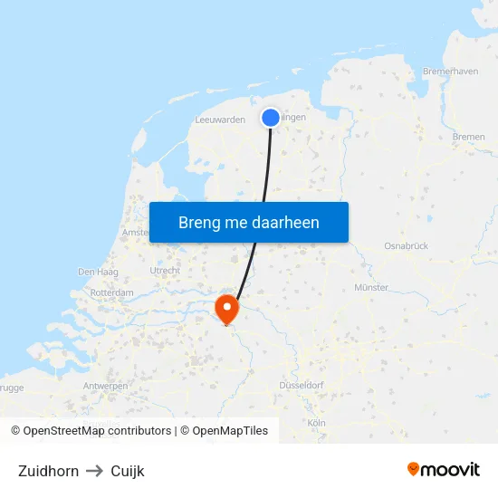 Zuidhorn to Cuijk map