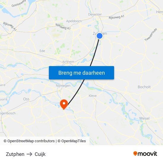Zutphen to Cuijk map