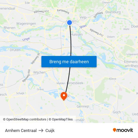 Arnhem Centraal to Cuijk map