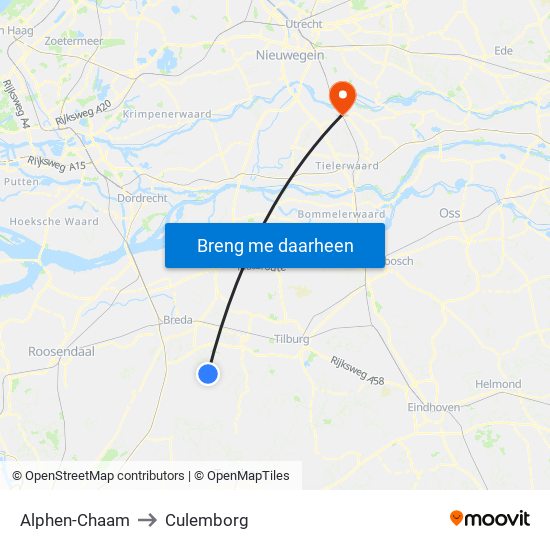 Alphen-Chaam to Culemborg map