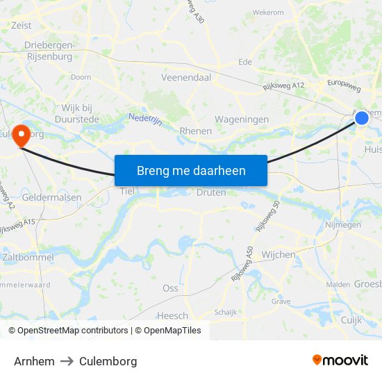 Arnhem to Culemborg map