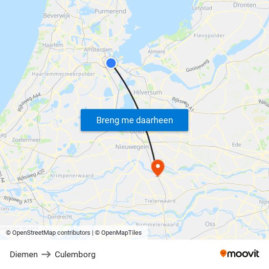 Diemen to Culemborg map