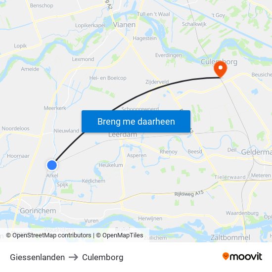 Giessenlanden to Culemborg map