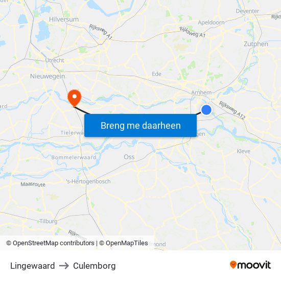 Lingewaard to Culemborg map