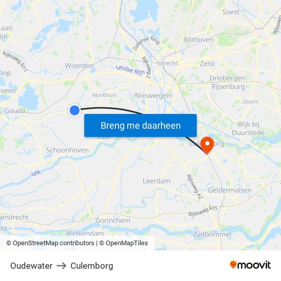 Oudewater to Culemborg map