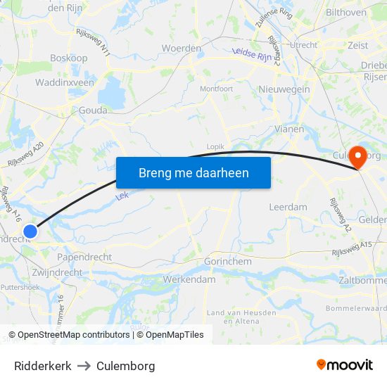 Ridderkerk to Culemborg map
