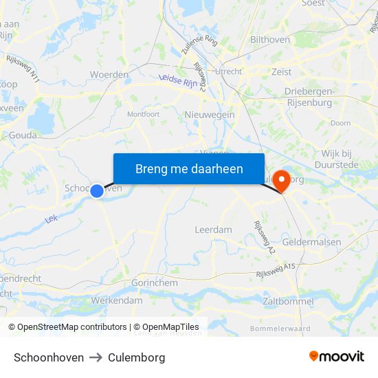 Schoonhoven to Culemborg map