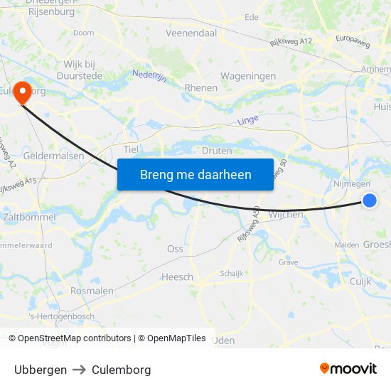 Ubbergen to Culemborg map