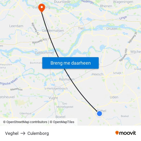 Veghel to Culemborg map
