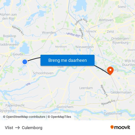 Vlist to Culemborg map