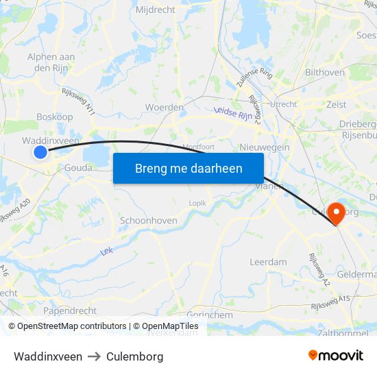 Waddinxveen to Culemborg map