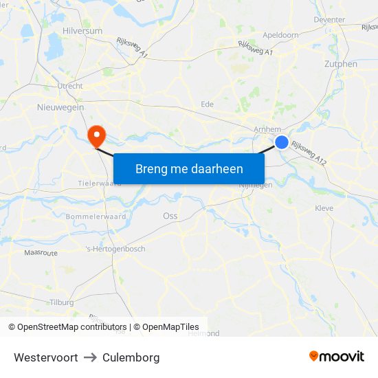 Westervoort to Culemborg map