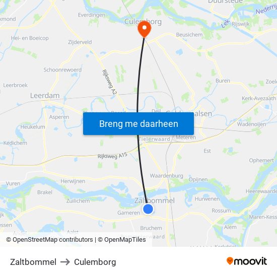Zaltbommel to Culemborg map