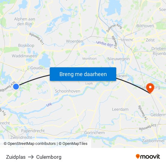 Zuidplas to Culemborg map