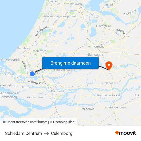 Schiedam Centrum to Culemborg map