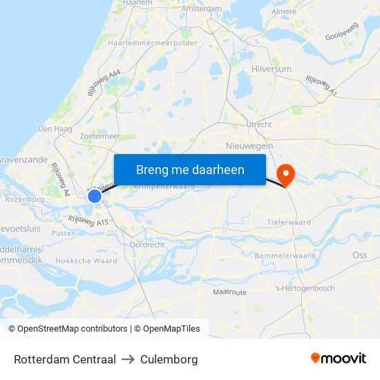Rotterdam Centraal to Culemborg map