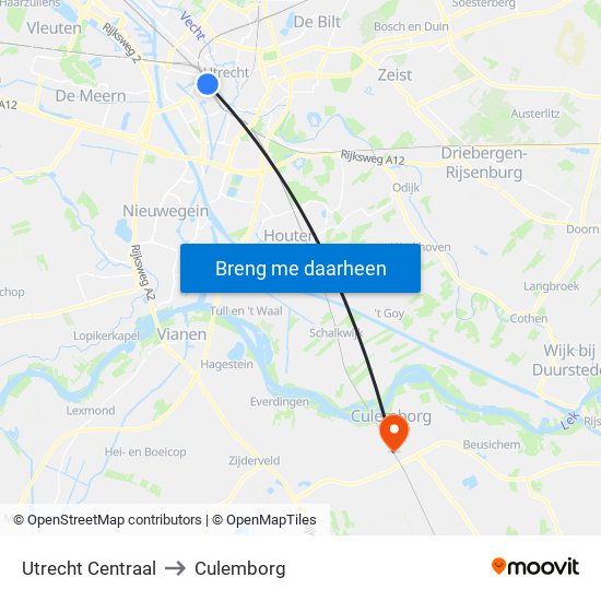 Utrecht Centraal to Culemborg map