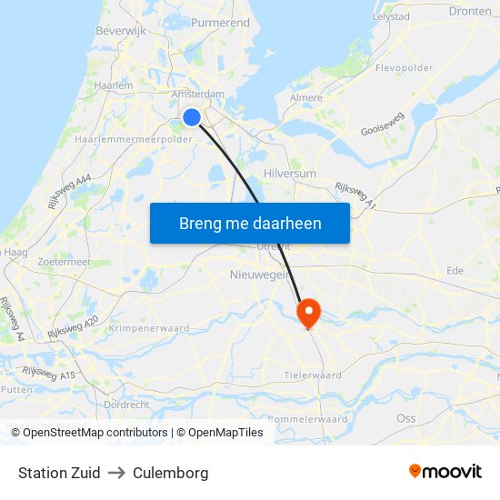 Station Zuid to Culemborg map