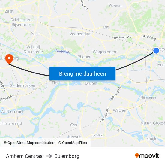 Arnhem Centraal to Culemborg map